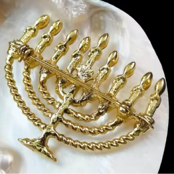 Gold Plated Menorah Brooch with Rhinestones - Picture 6 of 6